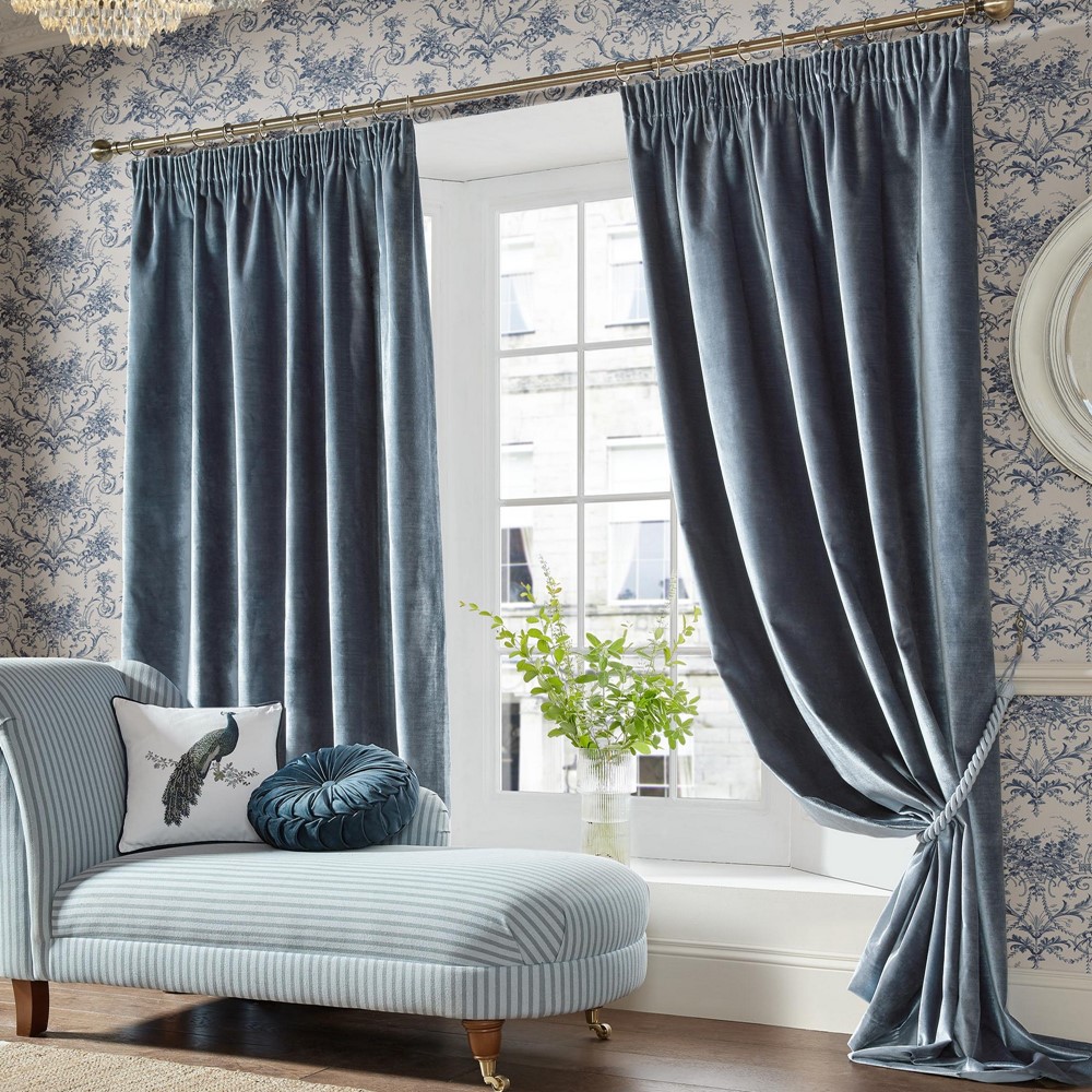 Loretta Velvet Header Tape Lined Curtains by Laura Ashley in Dark Seaspray